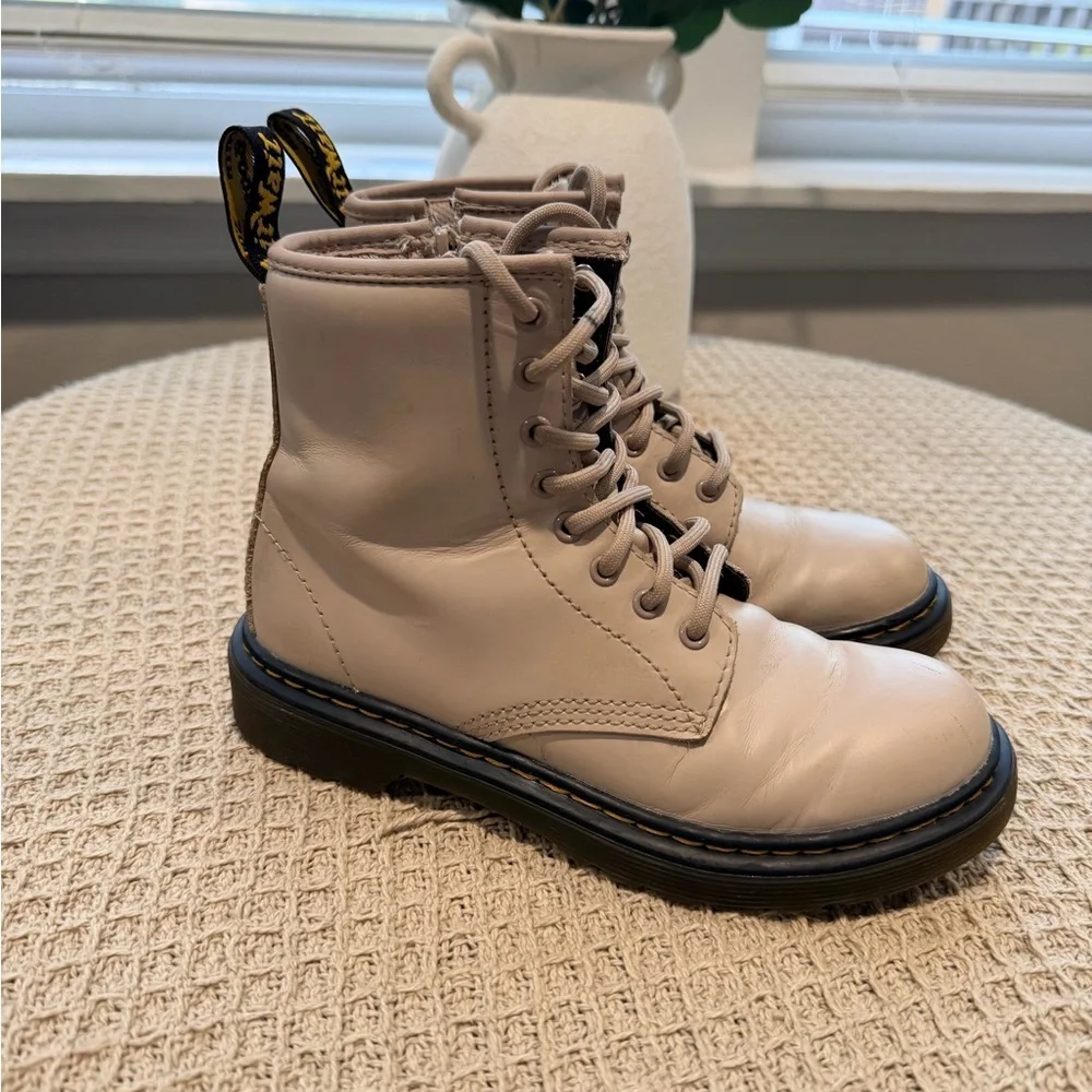 Dr. Martens Cream Leather Kids' Lace-Up Boot Interior Label Visible